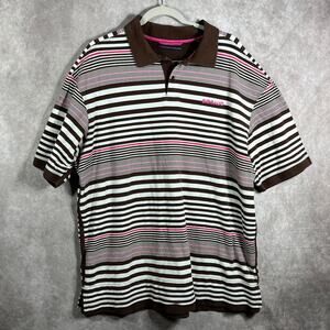 Vintage Francois Girbaud Polo Shirt‎ Mens 2XL Brown Striped Short Sleeve 90s Y2K